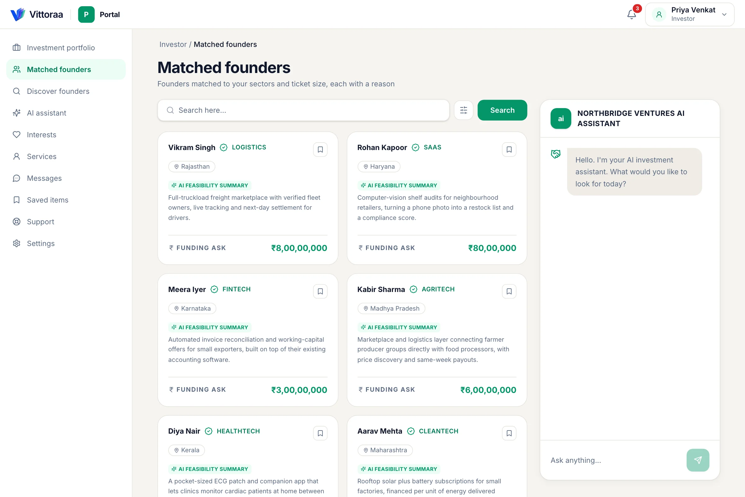 Investor portal with matched founders and an AI assistant